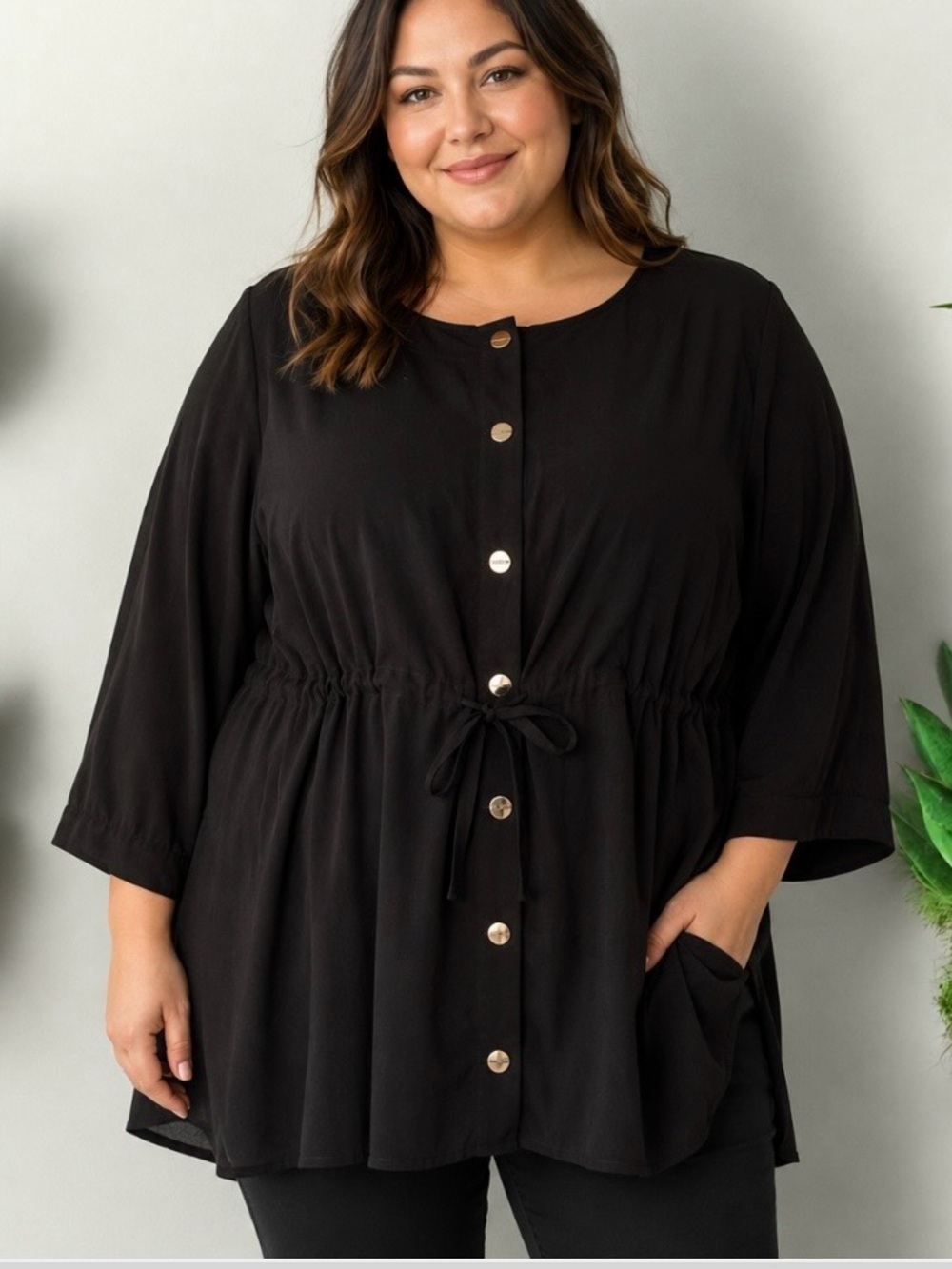 NWT!Black gold, snap drawstring mid blouse size 26 or 4X